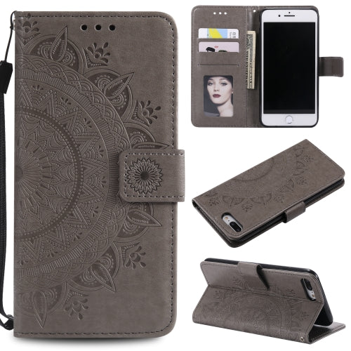 Totem Flower Embossed Horizontal Flip TPU + PU Leather Case with Holder & Card Slots & Wallet For iPhone 8 Plus / 7 Plus(Grey)