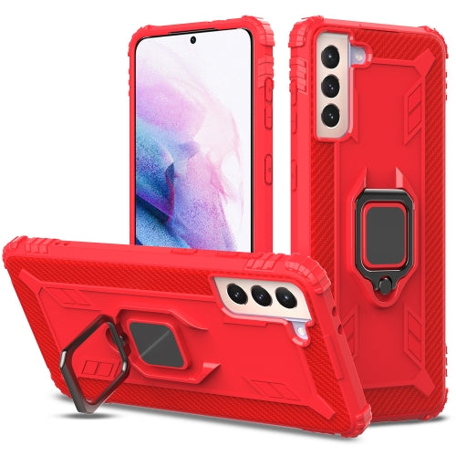 For Samsung Galaxy S21+ 5G Carbon Fiber Protective Case with 360 Degree Rotating Ring Holder(Red)