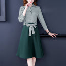 Waist Stitching Striped Shirt Dress, Size:XXL(Dark Green)