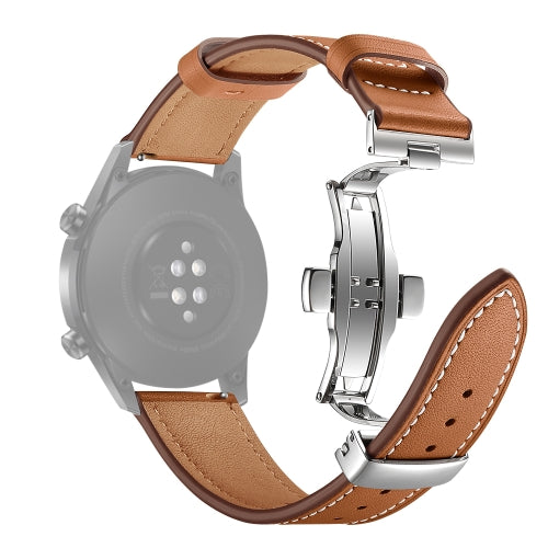 22mm Universal Butterfly Buckle Leather Replacement Strap Watchband, Style:Silver Buckle(Brown)