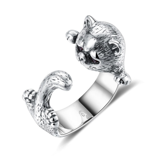 S925 Sterling Silver Retro Cat Head Women Open Ring