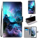 For Samsung Galaxy S21 FE Coloured Drawing Cross Texture Horizontal Flip PU Leather Case with Holder & Card Slots & Wallet & Lanyard(Colorful Clouds)