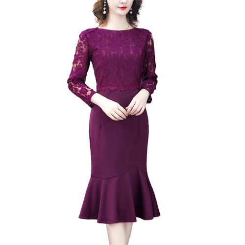 Elegant Fishtail Skirt Slim Lace Dress, Size:M(Dark Purple)