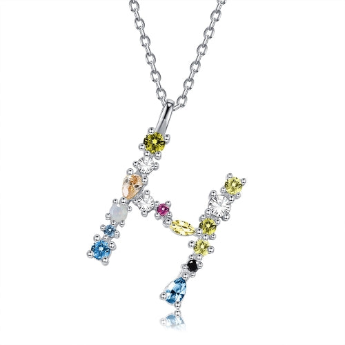 S925 Sterling Silver 26 Engligh Letters Colorful Zircon Women Nacklace Jewelry, Style:H(Silver)