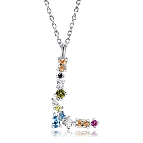S925 Sterling Silver 26 Engligh Letters Colorful Zircon Women Nacklace Jewelry, Style:L(Silver)