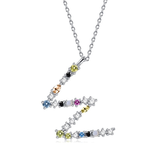S925 Sterling Silver 26 Engligh Letters Colorful Zircon Women Nacklace Jewelry, Style:W(Silver)