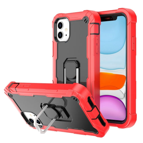 PC + Rubber 3-layers Shockproof Protective Case with Rotating Holder For iPhone 11(Red + Black)