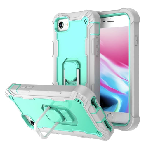 PC + Rubber 3-layers Shockproof Protective Case with Rotating Holder For iPhone SE 2020 / 8 / 7(Grey White + Mint Green)