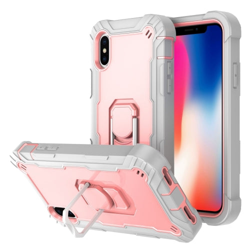 PC + Rubber 3-layers Shockproof Protective Case with Rotating Holder For iPhone XS / X(Grey White + Rose Gold)
