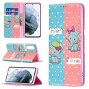 For Samsung Galaxy S21 FE Colored Drawing Pattern Invisible Magnetic Horizontal Flip PU Leather Case with Holder & Card Slots & Wallet(Elephant)