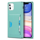Carbon Fiber Armor Shockproof TPU + PC Hard Case with Card Slot Holder Funtion For iPhone 11(Lake Green)