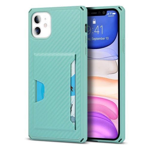 Carbon Fiber Armor Shockproof TPU + PC Hard Case with Card Slot Holder Funtion For iPhone 11(Lake Green)