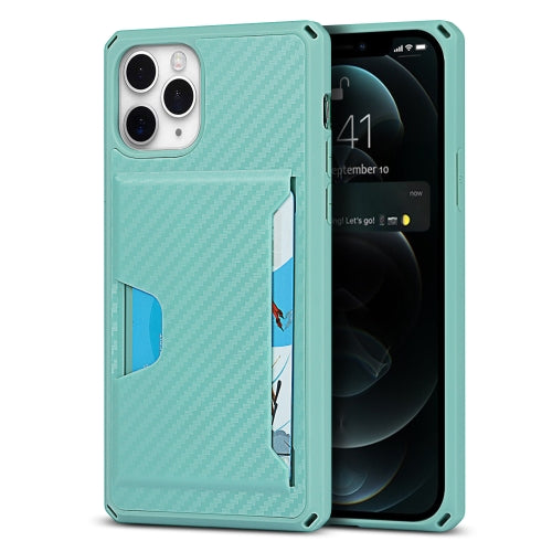 Carbon Fiber Armor Shockproof TPU + PC Hard Case with Card Slot Holder Funtion For iPhone 11 Pro(Lake Green)