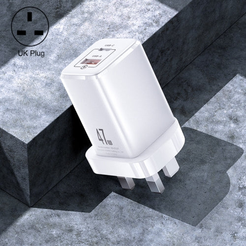 USAMS US-CC138 T41 47W USB-A+USB-C Dual Port GaN Fast Charger, Specification:UK Plug(White)