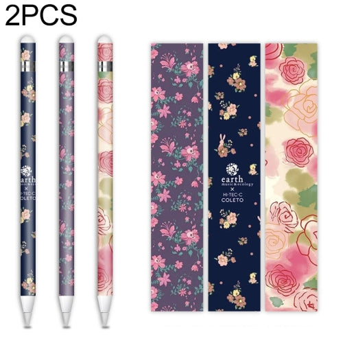 2 PCS 4 in 1 Floral Pattern Stylus Protective Film Sticker + Pen Tip Cap Set For Apple Pencil 2(Earth Floral)