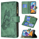 For Samsung Galaxy A21 Flying Butterfly Embossing Pattern Zipper Horizontal Flip Leather Case with Holder & Card Slots & Wallet(Green)