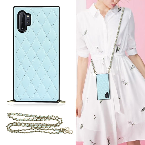 For Samsung Galaxy Note10+ Elegant Rhombic Pattern Microfiber Leather +TPU Shockproof Case with Crossbody Strap Chain(Blue)