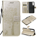 For Samsung Galaxy S21 FE Tree & Cat Pattern Pressed Printing Horizontal Flip PU Leather Case with Holder & Card Slots & Wallet & Lanyard(Gold)