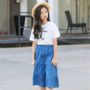 M653 Girls Casual Short-sleeved Denim Wide-leg Pants Two-piece Suit, Appropriate Height:120cm