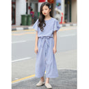 M582 Girls Summer Striped Top Loose Wide-leg Pants Two-piece Suit, Appropriate Height:150cm(Blue)