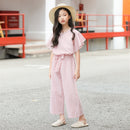 M582 Girls Summer Striped Top Loose Wide-leg Pants Two-piece Suit, Appropriate Height:170cm(Pink)
