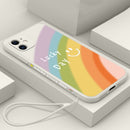 Straight Edge Rainbow Pattern Liquid Silicone Protective Case with Hand Strap For iPhone 12 mini(Antique White)