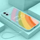 Straight Edge Rainbow Pattern Liquid Silicone Protective Case with Hand Strap For iPhone 12 Pro(Light Cyan)