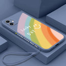 Straight Edge Rainbow Pattern Liquid Silicone Protective Case with Hand Strap For iPhone 12 Pro Max(Lavender Grey)
