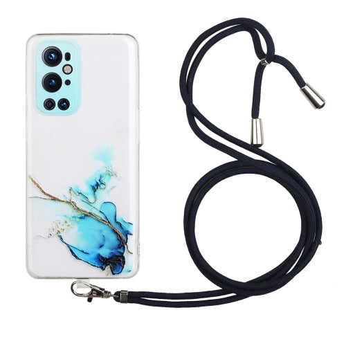 For OnePlus 9 Pro Hollow Marble Pattern TPU Precise Hole Protective Case with Neck Strap Rope(Blue)