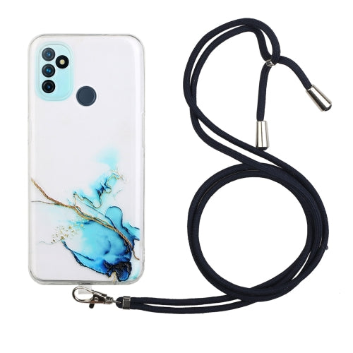 For OnePlus Nord N100 Hollow Marble Pattern TPU Precise Hole Protective Case with Neck Strap Rope(Blue)