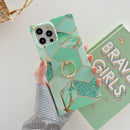 Electroplating Soft TPU Straight-Edge Protective Case with Ring Holder For iPhone 12 / 12 Pro(Green Lattice)