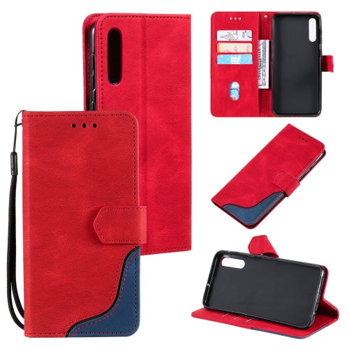 For Samsung Galaxy A50 Three-color Stitching Calf Texture Horizontal Flip Leather Case with Holder & Card Slots & Wallet(Red)