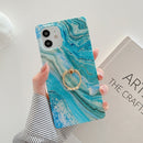 Marble Pattern Soft TPU Straight-Edge Protective Case with Ring Holder For iPhone 12 Pro Max(Shining Green)