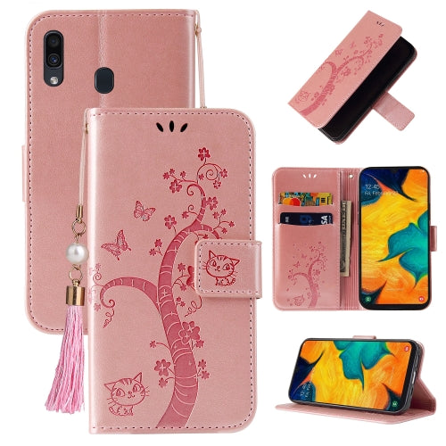 For Samsung Galaxy A20 / A30 Embossed Lucky Tree Horizontal Flip Leather Case with Holder & Card Slot & Wallet & Lanyard(Rose Gold)