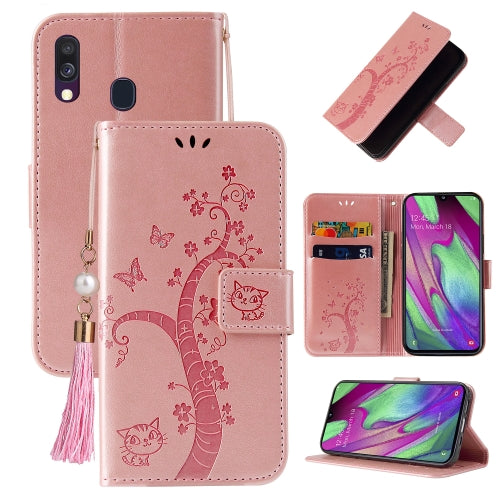 For Samsung Galaxy A40 Embossed Lucky Tree Horizontal Flip Leather Case with Holder & Card Slot & Wallet & Lanyard(Rose Gold)