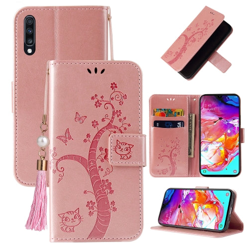 For Samsung Galaxy A50 Embossed Lucky Tree Horizontal Flip Leather Case with Holder & Card Slot & Wallet & Lanyard(Rose Gold)