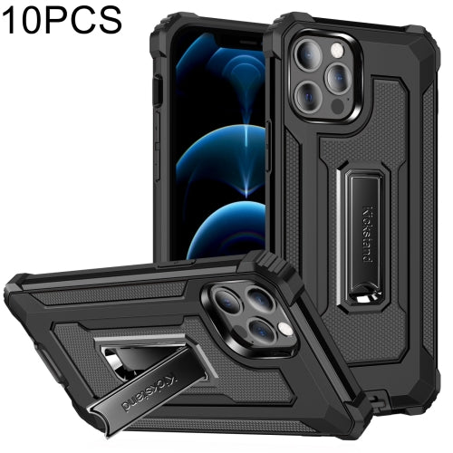 10 PCS Knight Jazz PC+TPU Shockproof Protective Case with Foldable Holder For iPhone 12 / 12 Pro(Black)