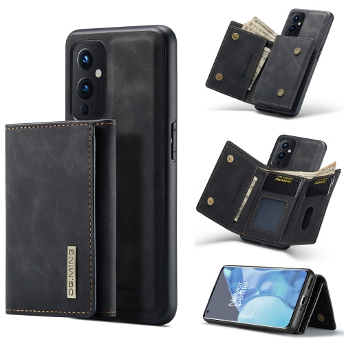 For OnePlus 9 (EU/NA) DG.MING M1 Series 3-Fold Multi Card Wallet + Magnetic Back Cover Shockproof Case with Holder Function(Black)