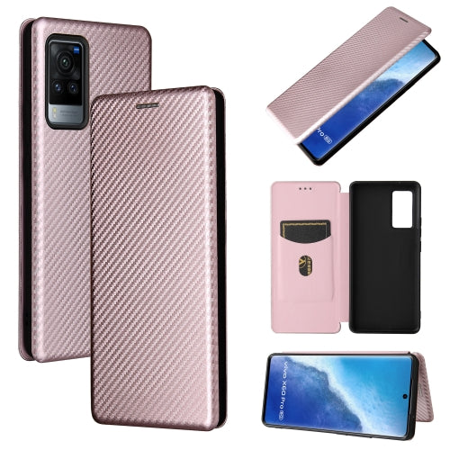 For vivo X60 Pro / X60 5G Carbon Fiber Texture Magnetic Horizontal Flip TPU + PC + PU Leather Case with Card Slot(Pink)