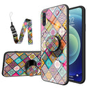 For Samsung Galaxy A11 / M11 Painted Ethnic Pattern Tempered Glass TPU Shockproof Case with Folding Magnetic Holder & Neck Strap(Checkered)
