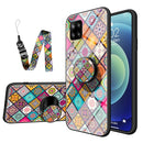 For Samsung Galaxy A42 Painted Ethnic Pattern Tempered Glass TPU Shockproof Case with Folding Magnetic Holder & Neck Strap(Checkered)
