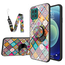 For Samsung Galaxy F62 Painted Ethnic Pattern Tempered Glass TPU Shockproof Case with Folding Magnetic Holder & Neck Strap(Checkered)