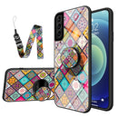 For Samsung Galaxy S21+ 5G Painted Ethnic Pattern Tempered Glass TPU Shockproof Case with Folding Magnetic Holder & Neck Strap(Checkered)