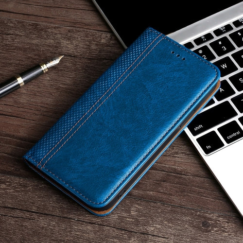 For OnePlus 7 Pro Grid Texture Magnetic PU + TPU Horizontal Flip Leather Case with Holder & Card Slot(Blue)