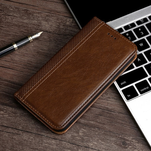 For OnePlus 7T Grid Texture Magnetic PU + TPU Horizontal Flip Leather Case with Holder & Card Slot(Brown)