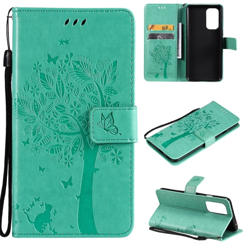 For OnePlus 9 Tree & Cat Pattern Pressed Printing Horizontal Flip PU Leather Case with Holder & Card Slots & Wallet & Lanyard(Green)