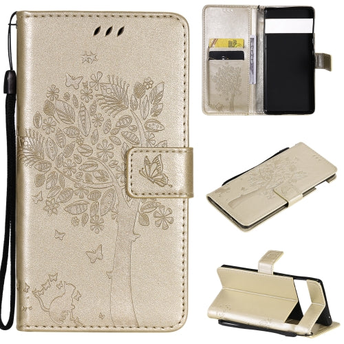 For Google Pixel 6 Pro Tree & Cat Embossed Pattern Horizontal Flip Leather Case with Holder & Card Slots & Wallet & Lanyard(Gold)