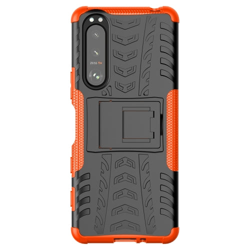For Sony Xperia 5 III Tire Texture Shockproof TPU+PC Protective Case with Holder(Orange)