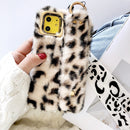 For iPhone 11 Pro Max Plush Phone Protect Case with Wrist Strap Sling(Beige Leopard)