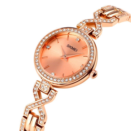 SKMEI 1738 Diamond Round Dial Bracelet Watch Quartz Movement Watch for Ladies(Rose Gold)